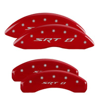 Thumbnail for MGP 4 Caliper Covers Engraved Front & Rear 11-18 Jeep Grand Cherokee Red Finish Silver SRT-8 Logo