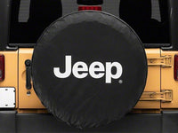 Thumbnail for Officially Licensed Jeep 66-18 CJ5/ CJ7/ Wrangler YJ/ TJ/JK White Logo Spare Tire Cover- 32In