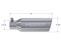 Thumbnail for MBRP Universal Tip 4in OD 2.5in Inlet 12in Length Angled Cut Rolled End Clampless No-Weld T304