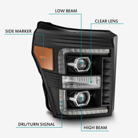 Thumbnail for AlphaRex 11-16 Ford F-350 SD LUXX LED Proj Headlights Plank Style Black w/Activ Light/Seq Signal