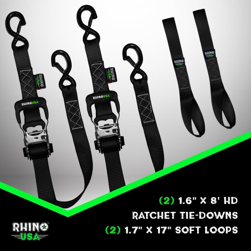 Rhino USA Heavy Duty Ratchet Tie-Downs 2-Pack (Gray) 1.6In X 8Ft