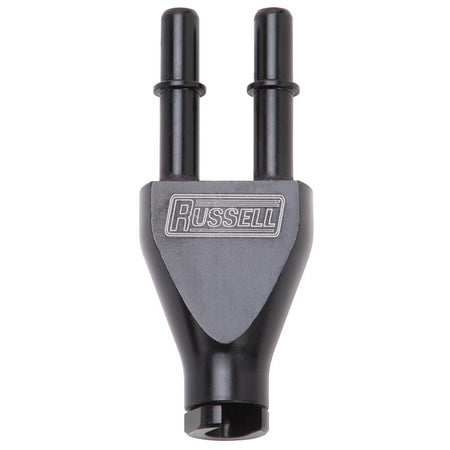 Russell Adapter Y-Block 3/8in Sae Quick Disconnect Female To 2X 3/8in Sae Qd Male Blk Anodized