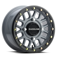 Thumbnail for Raceline A93SG Podium 14x7in/4x156 BP/10mm Offset/132.5mm Bore - Grey & Black Ring Beadlock Wheel