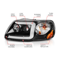 Thumbnail for ANZO 1997-2003 Ford F-150 Projector Headlights w/ Light Bar Black Housing