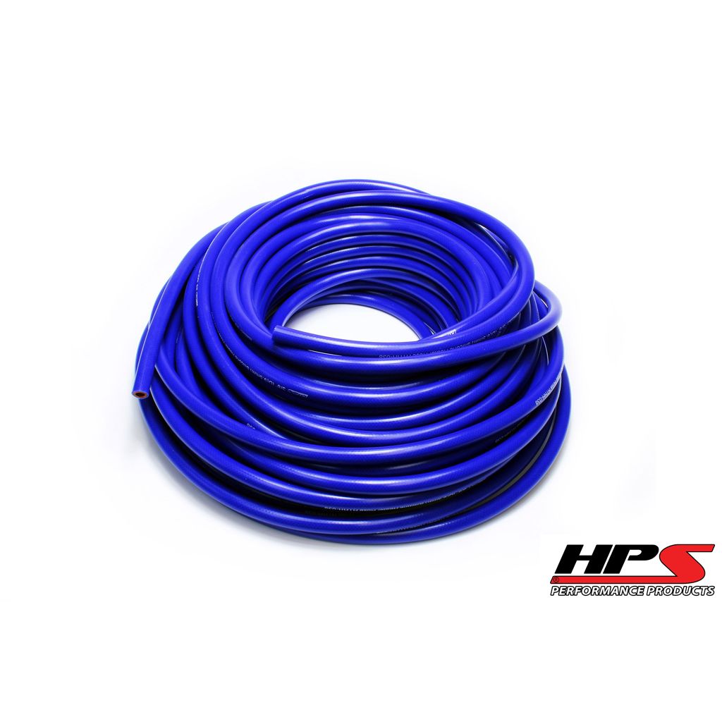 HPS 1/4" ID blue high temp reinforced silicone heater hose 25 feet roll, Max Working Pressure 85 psi, Max Temperature Rating: 350F, Bend Radius: 1"