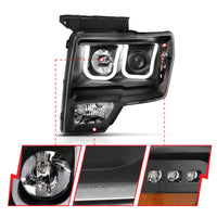 Thumbnail for ANZO 2009-2014 Ford F-150 Projector Headlights w/ U-Bar Switchback Black w/ Amber