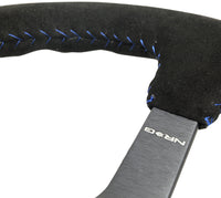 Thumbnail for NRG Reinforced Steering Wheel (350mm / 3in. Deep) Blk Suede/Blue BBall Stitch w/5mm Matte Blk Spokes