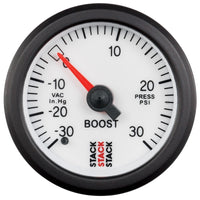 Thumbnail for Autometer Stack 52mm -30INHG to +30 PSI (Incl T-Fitting) Mechanical Boost Pressure Gauge - White