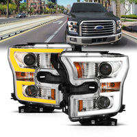Thumbnail for ANZO 2015-2017 Ford F-150 Projector Headlights w/ Plank Style Switchback Chrome w/ Amber