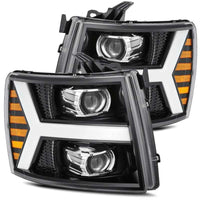 Thumbnail for AlphaRex 07-13 Chevy 1500 LUXX LED Proj Headlights Plank Style Jet Blk w/ Activ Light/Seq Signal/DRL