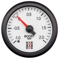 Thumbnail for Autometer Stack 52mm -1 to +2 Bar T-Fitting 0.187in Barb (M) Mechanical Boost Pressure Gauge - White