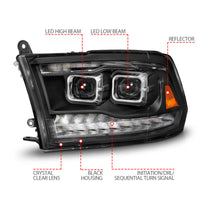 Thumbnail for ANZO 09-18 Dodge Ram 1500/2500/3500 Full LED Proj Headlights w/Switchback Light Bar - Black