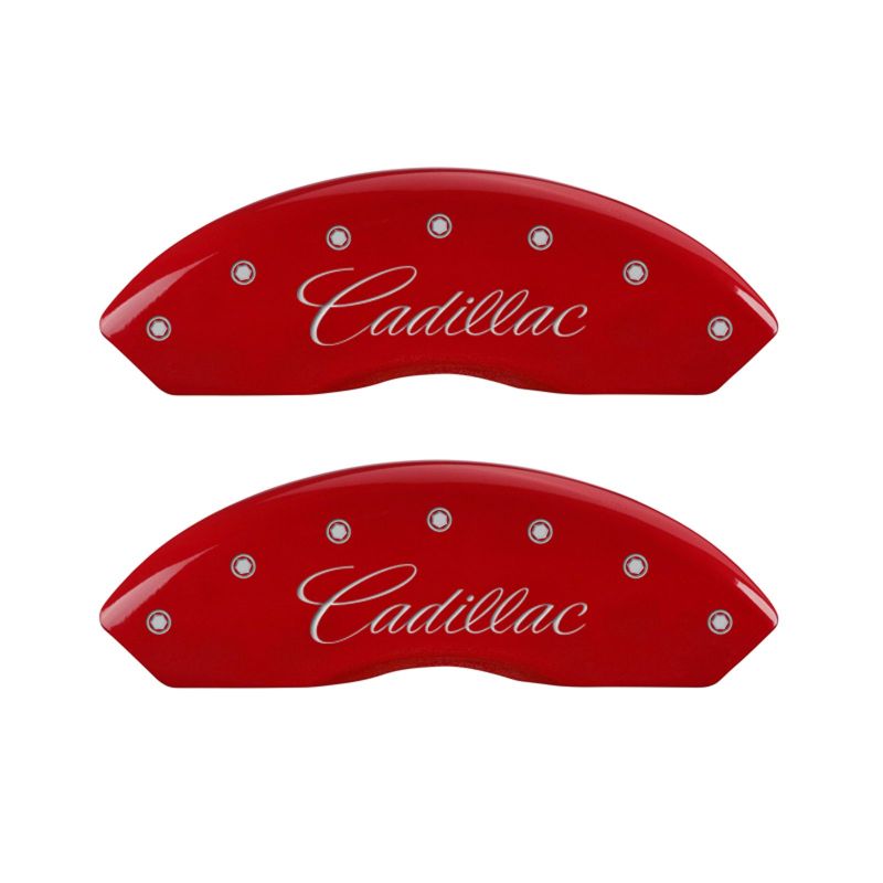 MGP 4 Caliper Covers Engraved Front Cursive/Cadillac Engraved Rear XLR Red finish silver ch