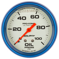 Thumbnail for Autometer Ultra-Nite 2-5/8in 0-100 PSI Liquid Filled Mechanical Glow In Dark Oil Pressure Gauge