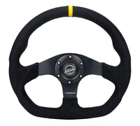 Thumbnail for NRG Reinforced Steering Wheel (320mm) Sport Alcantara Dual Push Buttons Flat Bottom w/Yellow Center