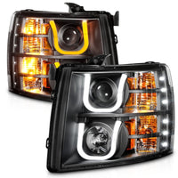 Thumbnail for ANZO 2007-2013 Chevrolet Silverado 1500/2500 Projector Headlights w/ U-Bar Switchback Black w/ Amber