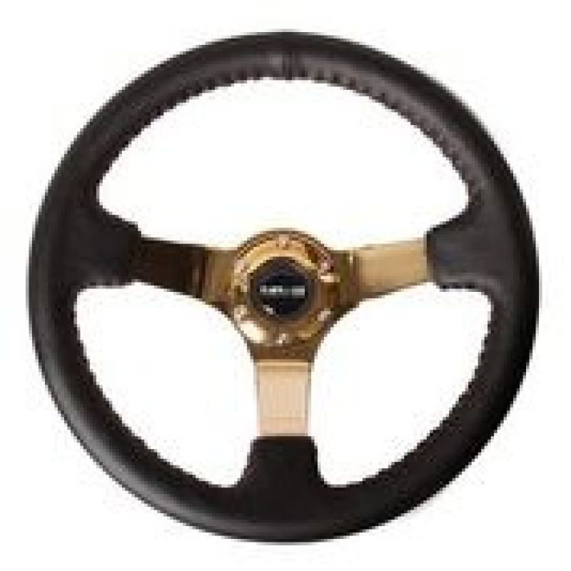 NRG Reinforced Steering Wheel (3in Deep / 4mm) 350mm Blk Leather w/Red BBall Stitch & Gold Spoke