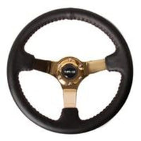 Thumbnail for NRG Reinforced Steering Wheel (3in Deep / 4mm) 350mm Blk Leather w/Red BBall Stitch & Gold Spoke