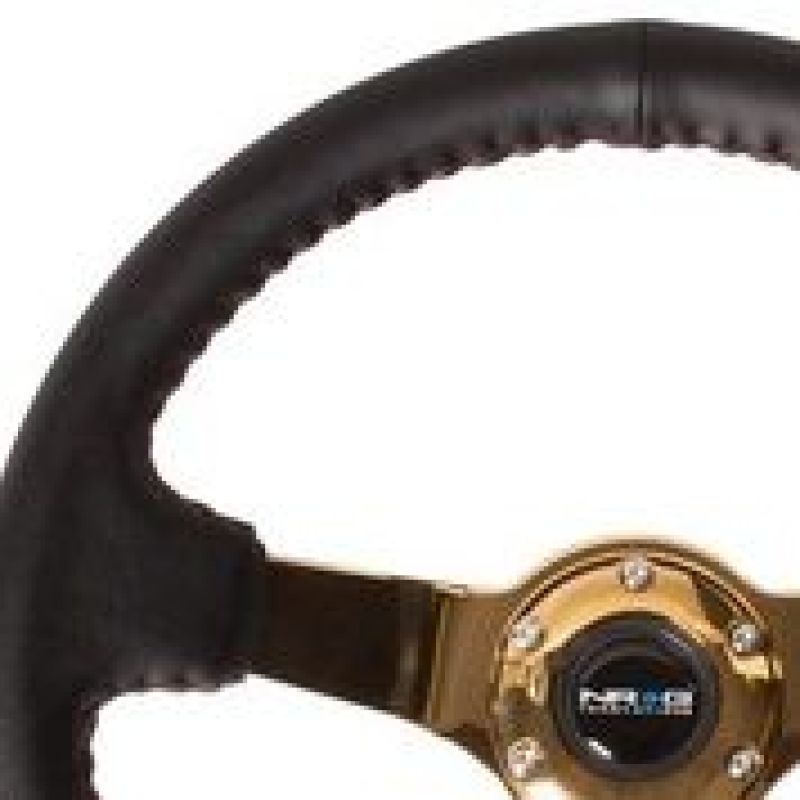 NRG Reinforced Steering Wheel (3in Deep / 4mm) 350mm Blk Leather w/Red BBall Stitch & Gold Spoke