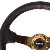 Thumbnail for NRG Reinforced Steering Wheel (3in Deep / 4mm) 350mm Blk Leather w/Red BBall Stitch & Gold Spoke