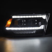 Thumbnail for AlphaRex 09-18 Dodge Ram 2500 LUXX LED Proj Headlights Plank Style Blk w/Activ Light/Seq Signal/DRL