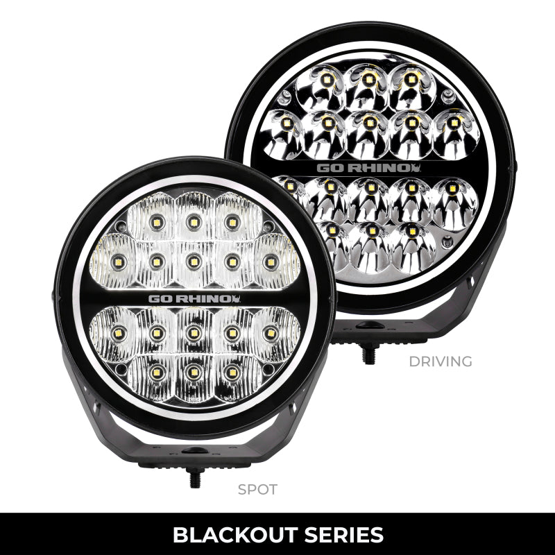Go Rhino Xplor Blackout Series Round LED Driving Light w/DRL (Surface/Threaded Stud Mnt) 7in. - Blk