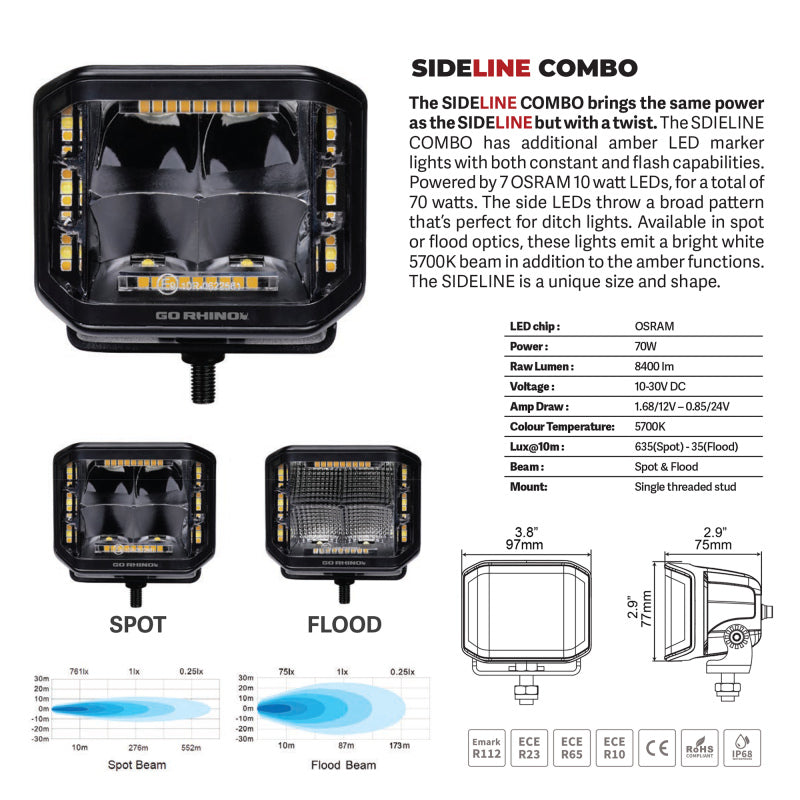 Go Rhino Xplor Blackout Combo Series Cube Sideline LED Flood Lights w/Amber 4x3 - Blk (Pair)