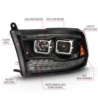Thumbnail for ANZO 2009-2018 Dodge Ram 1500 Led Projector Plank Style Switchback H.L Halo Black Amber (OE Style)