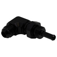 Thumbnail for DeatschWerks 8AN Male Flare to 5/16in Male Barb Bulkhead Adapter 90-Degree - Anodized Matte Black