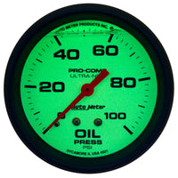 Thumbnail for Autometer Ultra-Nite 2-5/8in 0-100 PSI Liquid Filled Mechanical Glow In Dark Oil Pressure Gauge