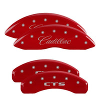 Thumbnail for MGP 4 Caliper Covers Engraved Front Cursive/Cadillac Engraved Rear CTS Red finish silver ch