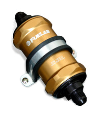 Thumbnail for Fuelab 848 In-Line Fuel Filter Standard -6AN In/Out 100 Micron Stainless w/Check Valve - Gold