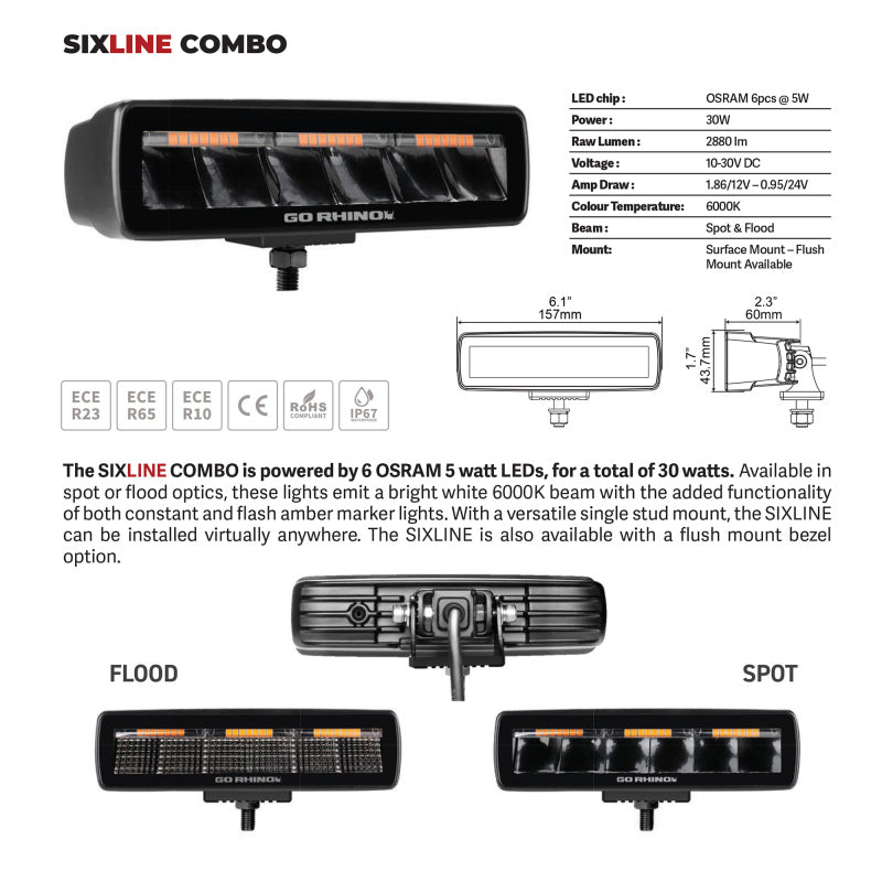 Go Rhino Xplor Blackout Combo Series Sixline LED Flood Lights w/Amber (Surface Mount) - Blk (Pair)