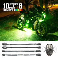 Thumbnail for XK Glow Flex Strips 7 Color LED Accent Light Motorcycle/ATV Kit (10xCompact Pods + 8x10In)