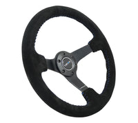 Thumbnail for NRG Reinforced Steering Wheel (350mm / 3in. Deep) Blk Suede/Blue BBall Stitch w/5mm Matte Blk Spokes
