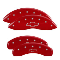 Thumbnail for MGP 4 Caliper Covers Engraved F & R Bowtie Red Finish Silver Char 2019 Chevrolet Silverado 1500