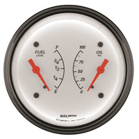 Thumbnail for AutoMeter Gauge Dual Fuel & Oilp 3-3/8in. 0 Ohm(e) to 90 Ohm(f)& 100PSI Elec Arctic White