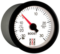 Thumbnail for Autometer Stack 52mm -30INHG to +30 PSI (Incl T-Fitting) Mechanical Boost Pressure Gauge - White