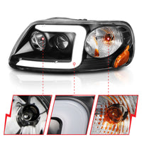 Thumbnail for ANZO 1997-2003 Ford F-150 Projector Headlights w/ Light Bar Black Housing