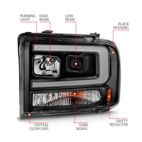 Thumbnail for ANZO 99-04 Ford F250/F350/F450/Excursion (excl 99) Projector Headlights - w/ Light Bar Black Housing