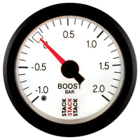 Thumbnail for Autometer Stack 52mm -1 to +2 Bar T-Fitting 0.187in Barb (M) Mechanical Boost Pressure Gauge - White
