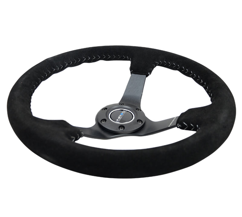 NRG Reinforced Steering Wheel (350mm / 3in. Deep) Blk Suede/Silver BBall Stitch w/5mm Mt. Blk Spokes