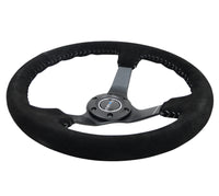 Thumbnail for NRG Reinforced Steering Wheel (350mm / 3in. Deep) Blk Suede/Silver BBall Stitch w/5mm Mt. Blk Spokes