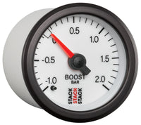 Thumbnail for Autometer Stack 52mm -1 to +2 Bar T-Fitting 0.187in Barb (M) Mechanical Boost Pressure Gauge - White
