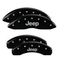 Thumbnail for MGP 4 Caliper Covers Engraved Front & Rear 11-18 Jeep Grand Cherokee Black Finish Silver Jeep Logo
