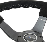 Thumbnail for NRG Reinforced Steering Wheel (350mm / 3in. Deep) Blk Suede/Silver BBall Stitch w/5mm Mt. Blk Spokes