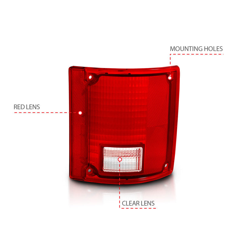 ANZO 1978-1991 Chevy Blazer Taillight Red/Clear Lens w/o Chrome Trim Fleetside (OE Replacement)