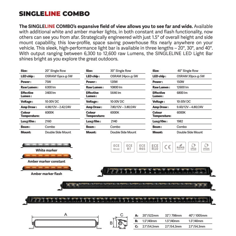 Go Rhino Xplor Blackout Combo Series Sgl Row LED Light Bar w/Amber (Side/Track Mount) 20.5in. - Blk