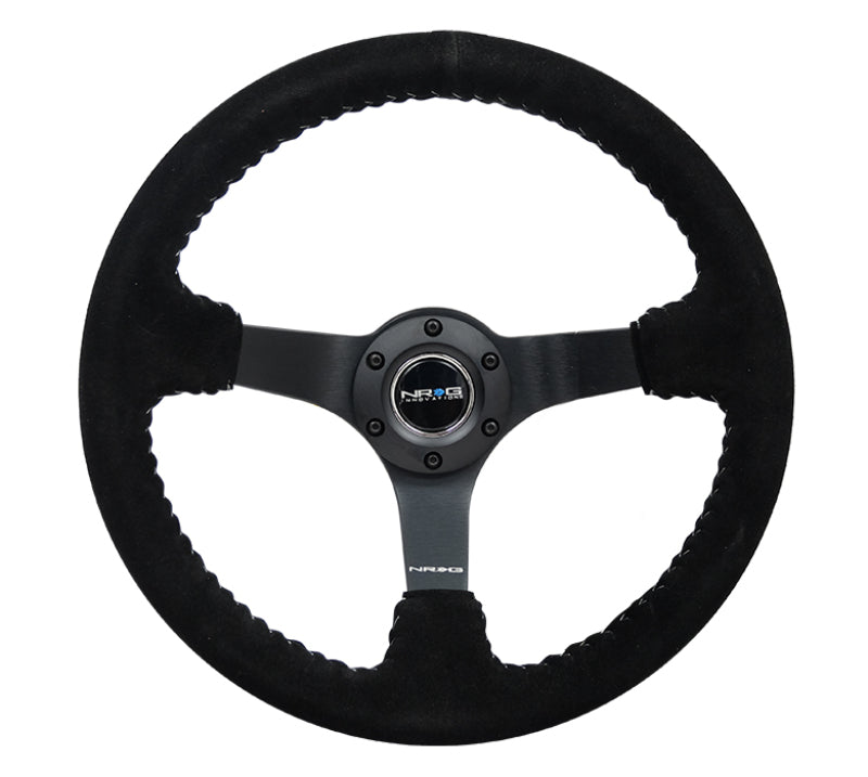 NRG Reinforced Steering Wheel (350mm / 3in. Deep) Blk Suede/Silver BBall Stitch w/5mm Mt. Blk Spokes