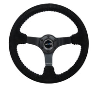 Thumbnail for NRG Reinforced Steering Wheel (350mm / 3in. Deep) Blk Suede/Silver BBall Stitch w/5mm Mt. Blk Spokes